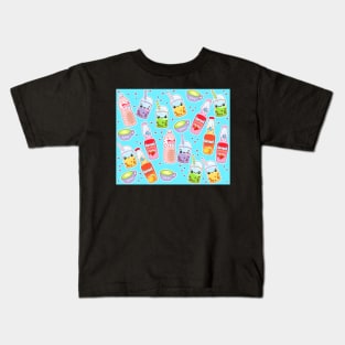 Colorful Kawaii Drinks on Bright Blue Kids T-Shirt